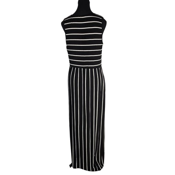 NWOT | Black White Stripe Sleeveless Maxi Dress A-Line Side Pockets | Large - Picture 2 of 6